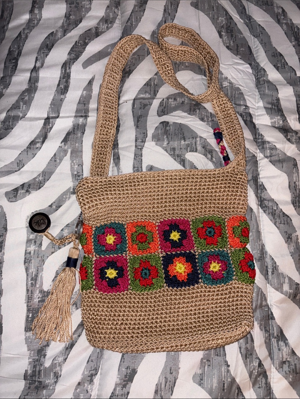 Boho Crochet Crossbody Bag in Tan with Multicolor Floral Squares